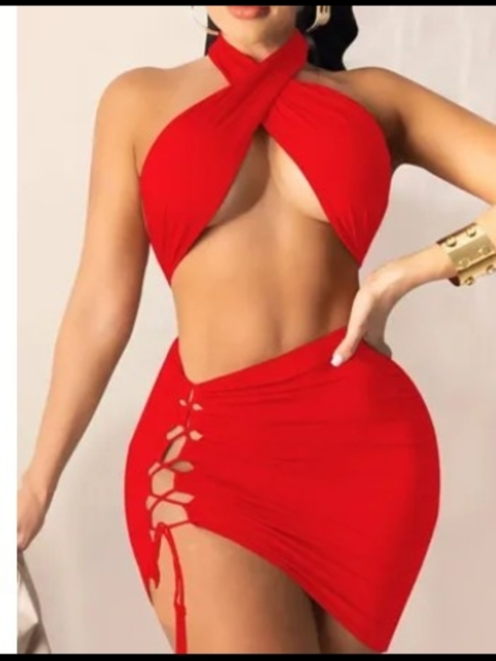 Red Crisscross Halter Cutout Skirt Set
